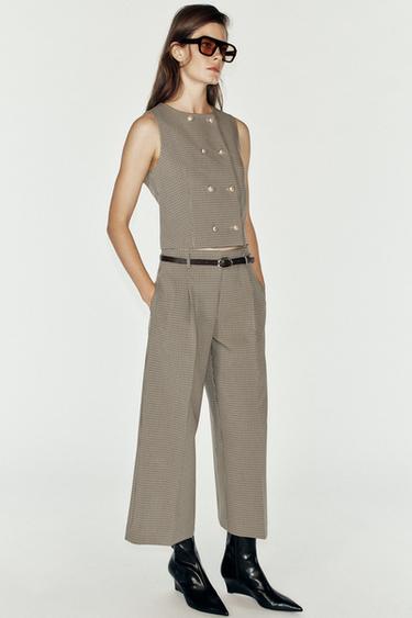 PANTALÓN CUADROS CINTURÓN - Marrón de Zara - Imagen 0