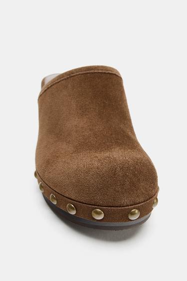 STUDDED SPLIT SUEDE CLOGS - Dark tan by Zara - Image 6
