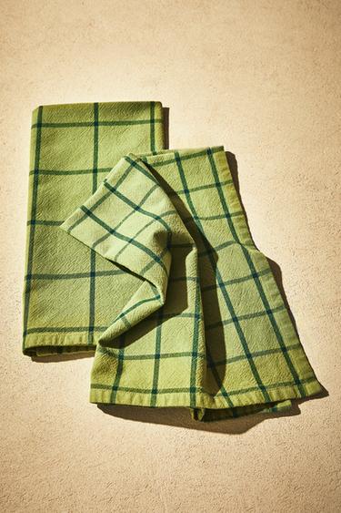 PACK OF CHECK COTTON TEA TOWELS (PACK OF 2) - Green by Zara