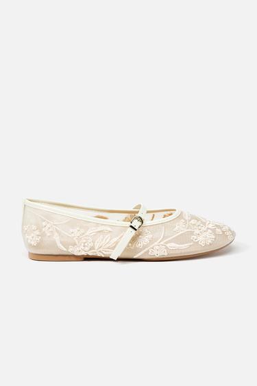 EMBROIDERED MESH BALLERINAS - White by Zara