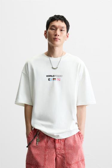 Zara FLAGS PRINTED T-SHIRT - Oyster-white