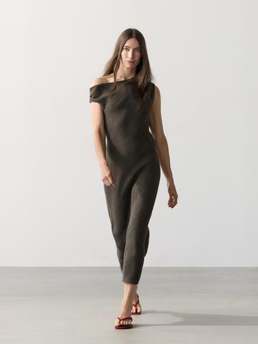 Zara 100% linen midi dress with shoulder detail - Gray