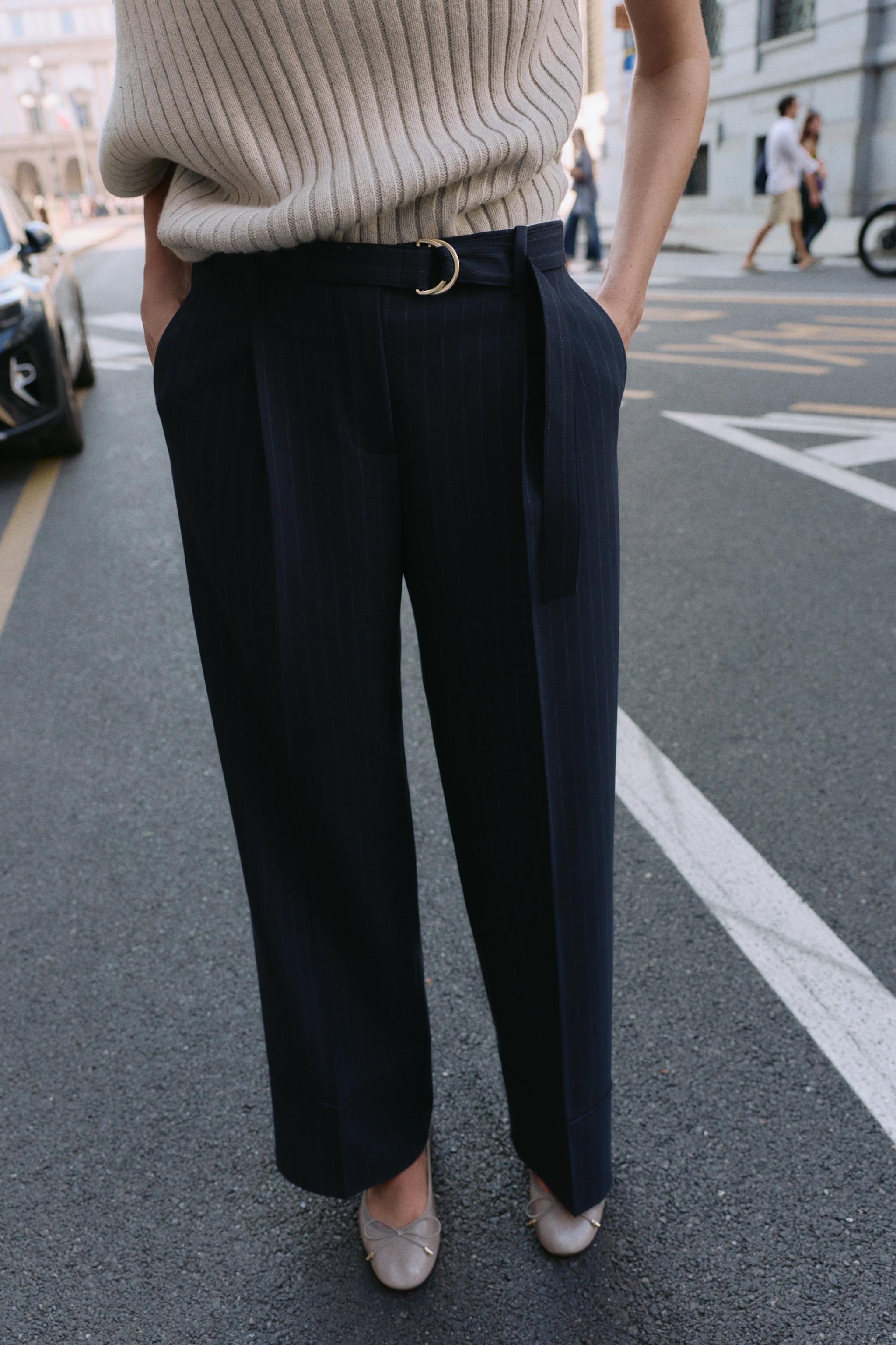 PINSTRIPE BELTED PANTS