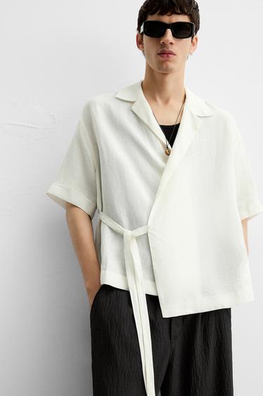 100% LINEN TIE SHIRT - Oyster-white by Zara