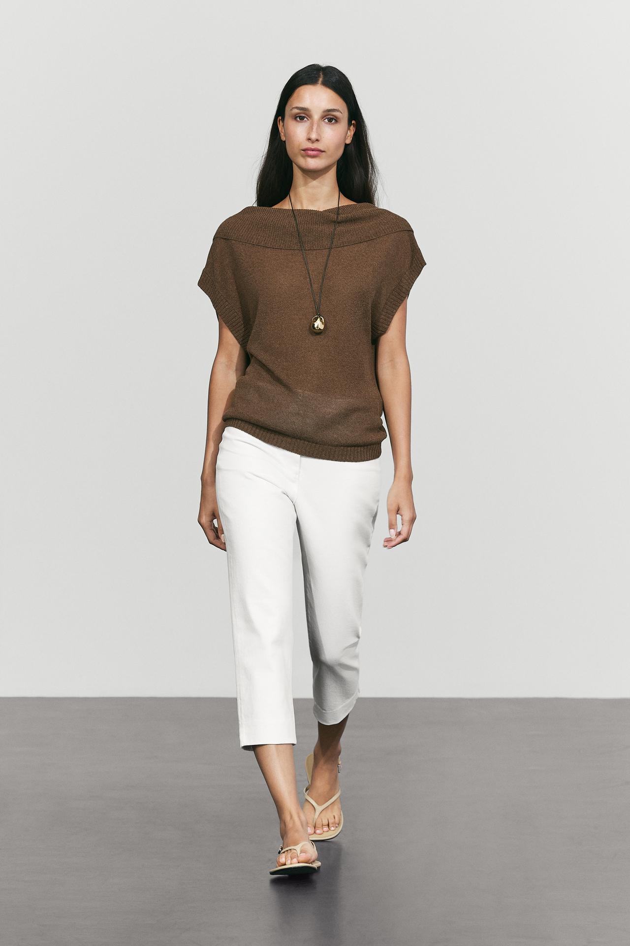 Cross-back knit sweater — Brown