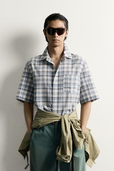 Zara 格紋休閒版襯衫 - 灰色 / 藍色