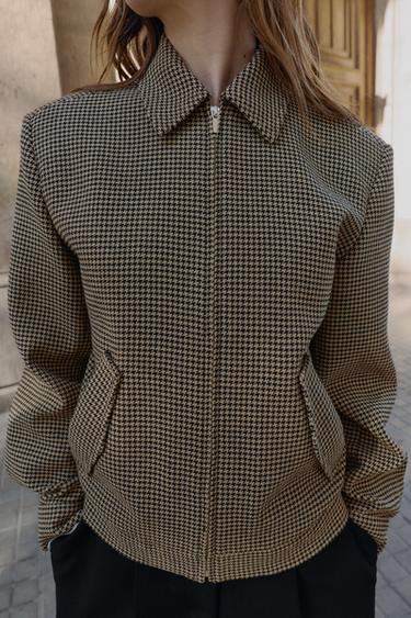 Zara HOUNDSTOOTH BOMBER JACKET WITH SHOULDER PADS - Black / Brown