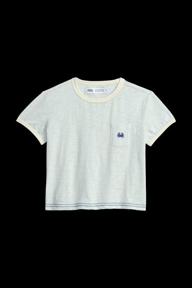 Zara LIMITED EDITION EMBROIDERED CONTRAST TRIM T-SHIRT - Sky blue - Image 0