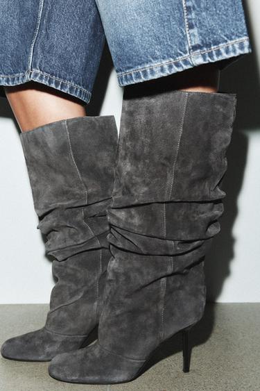 BOTTES EN CUIR FRONCÉES - Gris de Zara - Image 1