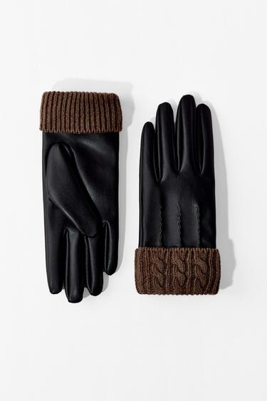 FAUX LEATHER AND WOOL BLEND GLOVES - Black by Zara