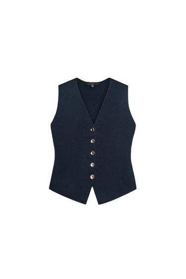 Front view of navy waistcoat with gold buttons in a row.
