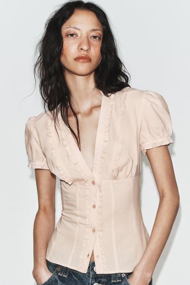 POPLIN SHIRT WITH RUFFLES - Pastel pink by Zara