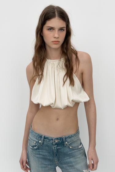 TOP COURT HALTER SATINÉ BALLON - Crème de Zara