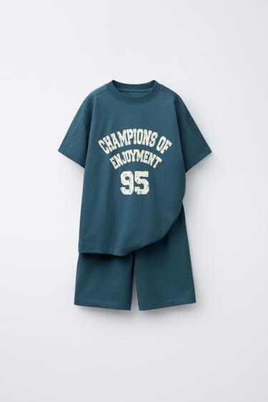 SLOGAN PRINT T-SHIRT AND BERMUDA SHORTS SET - Bluish by Zara