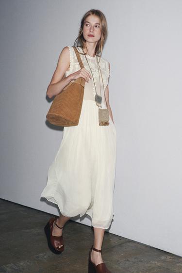 VESTIDO COMBINADO BORDADOS ZW COLLECTION - Crudo de Zara