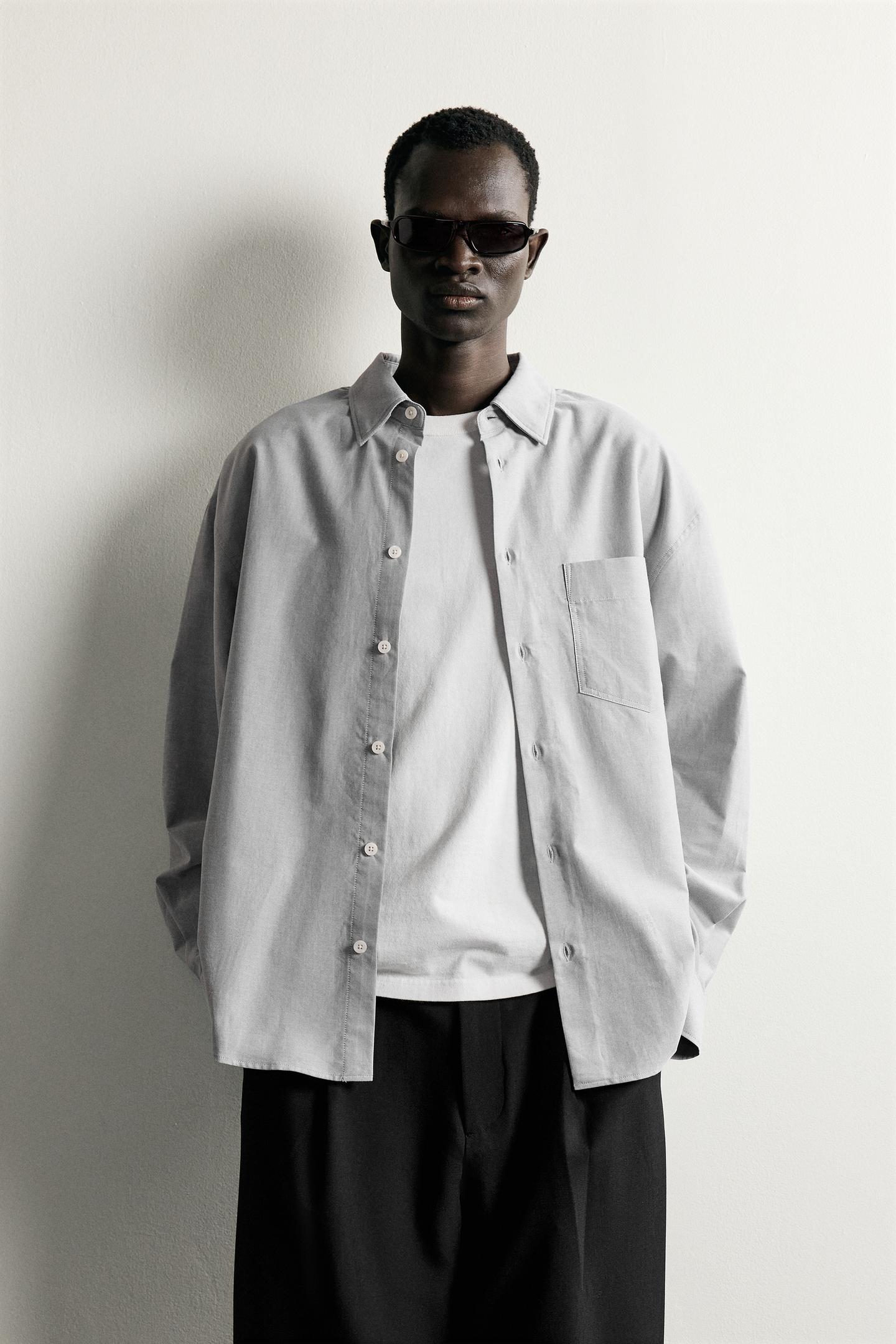 Мужская рубашка Zara Oversized Pocket, цвет: Серый — фото 2