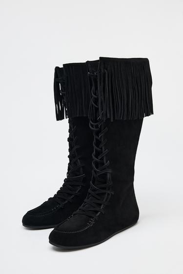 BOTTES À FRANGES ET LACETS EN CROÛTE DE CUIR - Noir de Zara - Image 3
