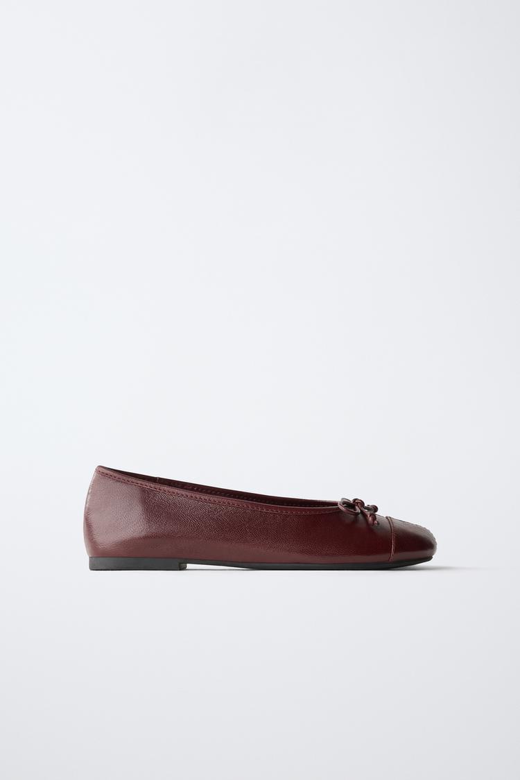 LEATHER BOW BALLET FLATS — Maroon