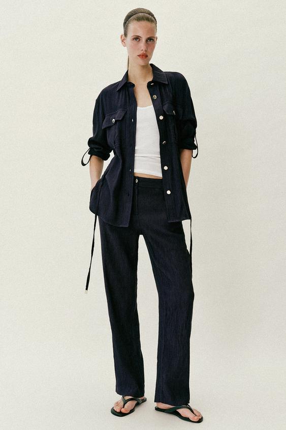 WRINKLED-EFFECT STRAIGHT TROUSERS - Navy blue by Zara - Image 0