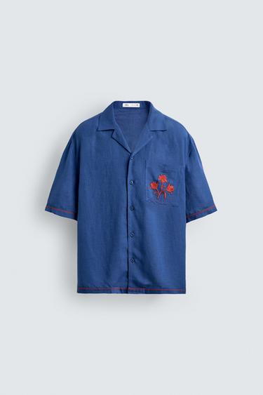 CONTRAST EMBROIDERED VISCOSE/LINEN SHIRT - Electric blue by Zara