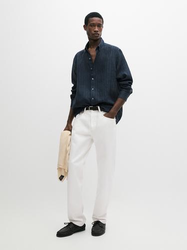 Zara 100% linen striped shirt with button-down collar - Navy blue - Image 0