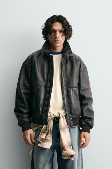 FORD © LEATHER RELAXED FIT BOMBER JACKET - Brown by Zara