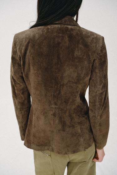 100% LEATHER SUEDE DOUBLE-BREASTED BLAZER - Khaki by Zara - Image 5