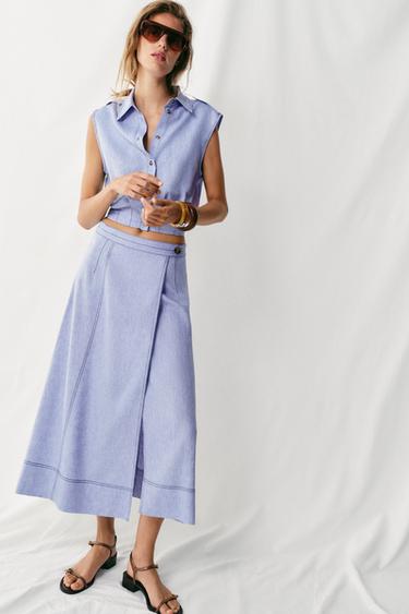 LINEN BLEND WRAP SKIRT WITH TOPSTITCHING - Light blue by Zara