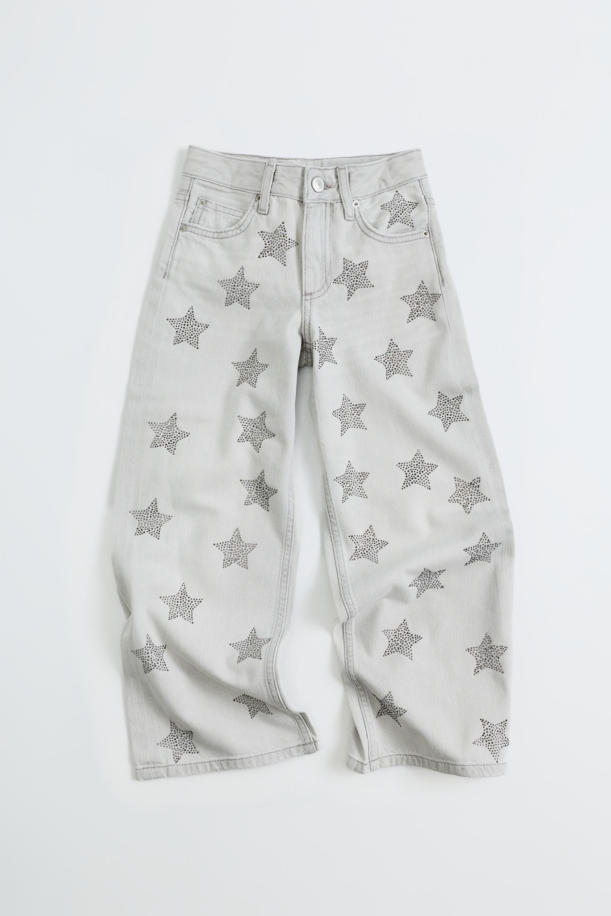 STAR PRINT STUDDED WIDE LEG JEANS — Gray marl