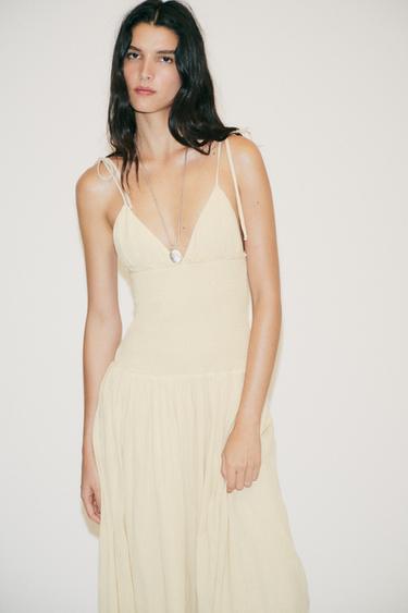 ROBE MIDI EN MATIÈRES VARIÉES NID D'ABEILLE - Beige de Zara - Image 2
