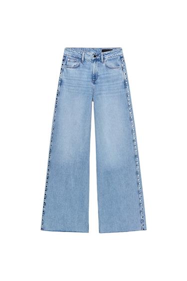 Zara Z1975 HIGH WAIST WIDE LEG STUDDED JEANS - Light blue