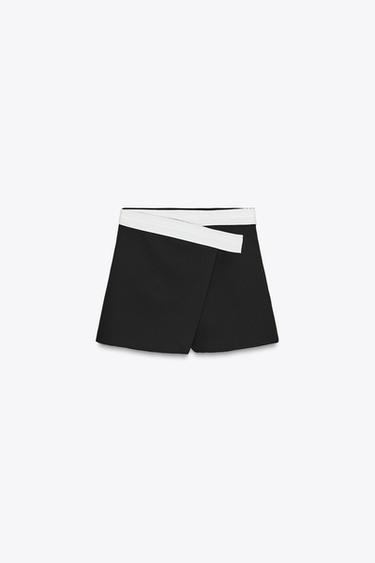 Zara CONTRAST WAISTBAND WRAP SPLIT SKIRT - Black