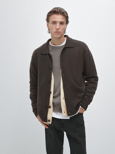 Zara 100% wool knit cardigan with polo collar - Brown