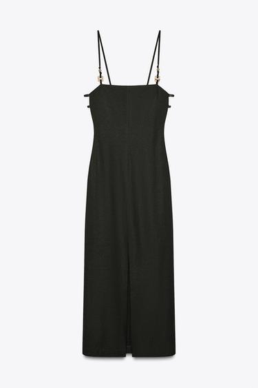 LINEN BLEND MIDI DRESS - Dark khaki by Zara