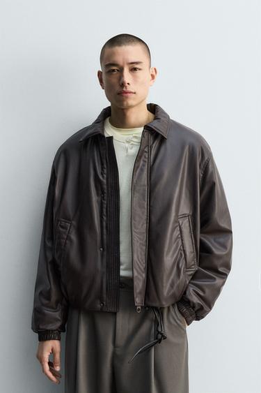 RELAXED FIT LEATHER EFFECT JACKET - Dark brown by Zara