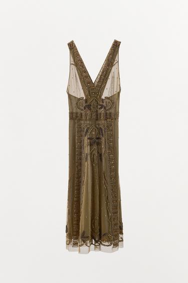 ПЛАТЬЕ ИЗ ПОЛУПРОЗРАЧНОЙ ТКАНИ С ВЫШИВКОЙ И БУСИНАМИ — ЗОЛОТОЙ от Zara