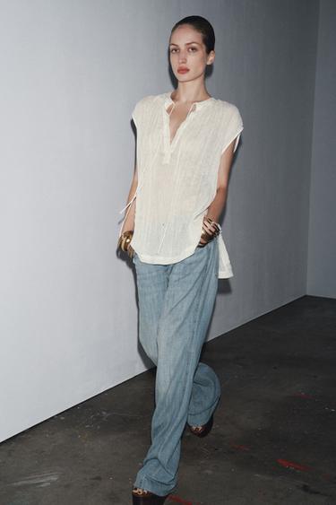 ZW COLLECTION LINEN BLOUSE WITH TIED DETAILS - Oyster-white by Zara