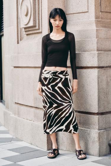 Zara ZW COLLECTION 動物紋印花鉛筆裙 - 裸色 / 黑色