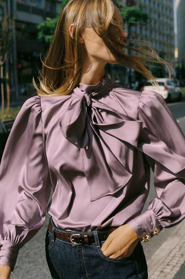 SATIN SHIRT WITH BOW - Mauve by Zara