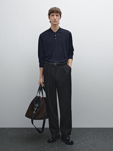 Zara 100% merino wool knit sweater with polo collar - Navy blue - Image 0