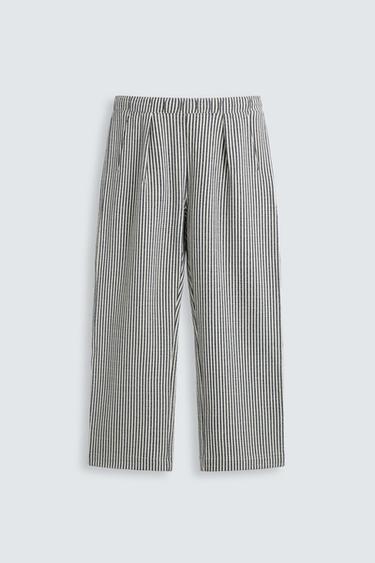 RELAXED FIT SEERSUCKER TROUSERS - Ecru / Navy by Zara