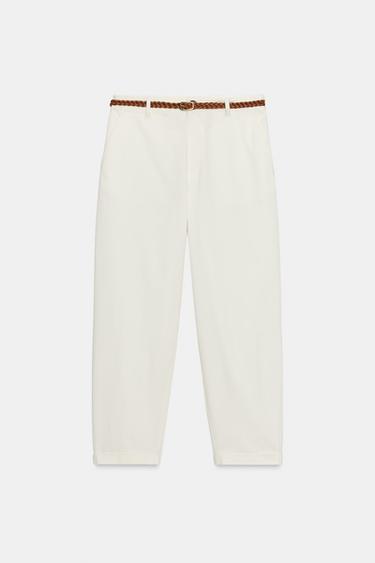 Zara BRAIDED BELT CHINO PANTS - Light camel
