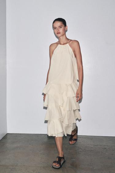 Zara ZW COLLECTION RUFFLED HALTER DRESS - Vanilla