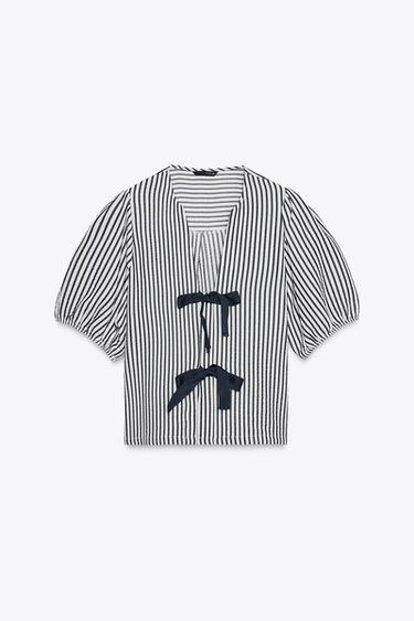 BLUSA LAZOS CON LINO - Crudo / Marino de Zara