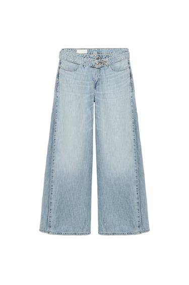 Zara TRF MID-RISE PLEATED BELTED JEANS - Blue