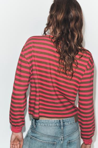 T-SHIRT À MANCHES LONGUES ET RAYURES - Brown Stripes de Zara - Image 3