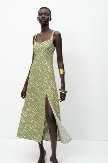 Zara LINEN BLEND POLKA DOT MIDI DRESS - Ecru / Khaki