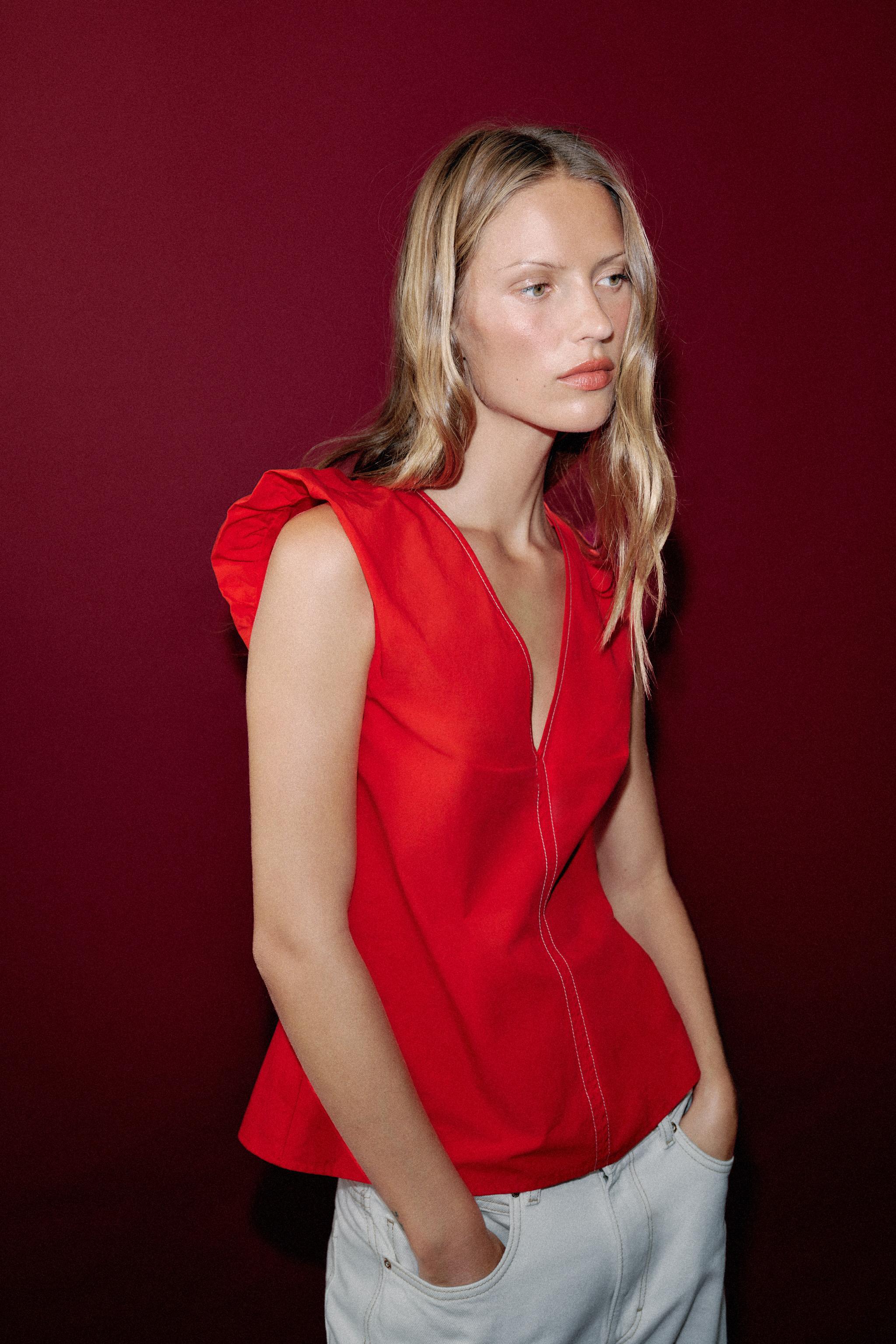 Женские рубашки Zara CONTRAST STITCH POPLIN TOP — фото 7