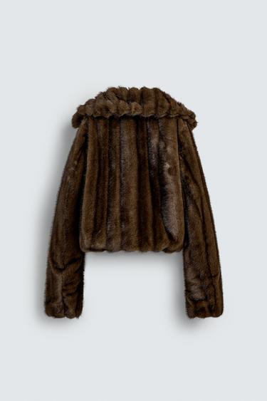Zara CROPPED FIT FAUX FUR JACKET HARRY LAMBERT FOR ZARA X DISNEY - Brown