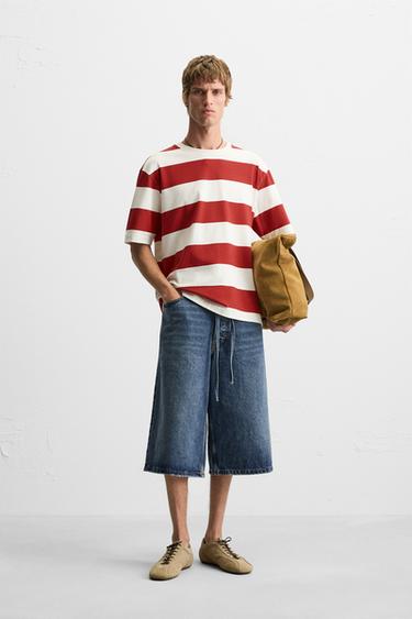 T-SHIRT JACQUARD ÀS RISCAS - Branco / Vermelho da Zara